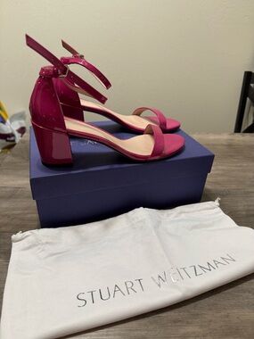 Stuart Weitzman ‘Simple’ Hot Pink Patent Block Heel Sandals Cyclamen Aniline